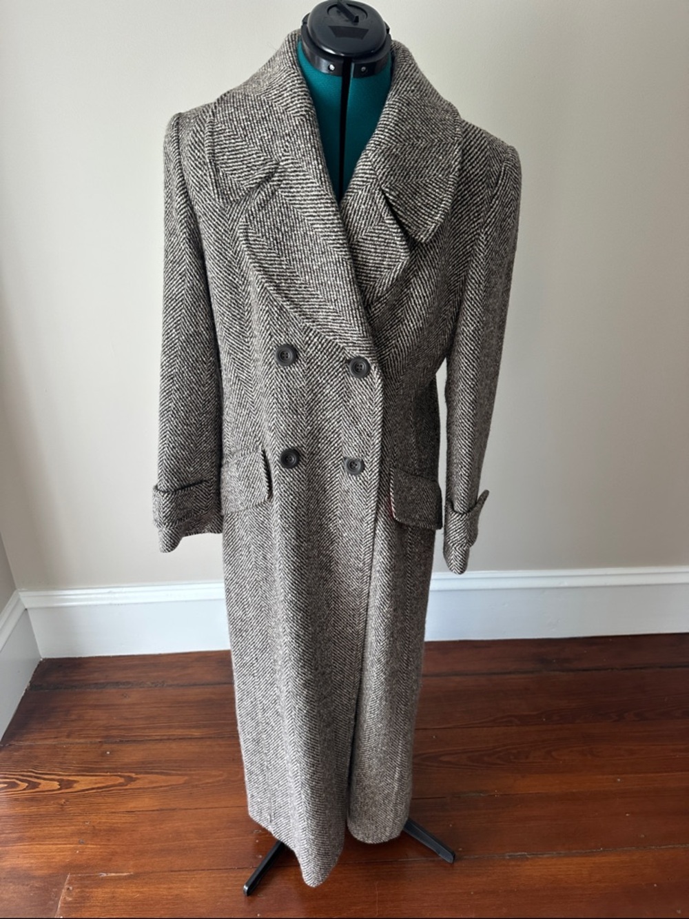LAURA ASHLEY Womens Long Herringbone Double-Breasted Wool Coat - Lined, Cocoa
